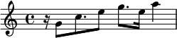 {\ tiempo 4/4 r16 g'8 c''8.  e''8 g''8.  e''16 a''4}