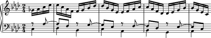 
\version "2.18.2"
\header {
  tagline = ##f
}

upper = \relative c'' {
  \clef treble 
  \key f \minor
  \time 2/4
  \tempo 4 = 56
  \set Staff.midiInstrument = #"harpsichord" 
  \set Score.currentBarNumber = #20
  %\context Score \applyContext #(set-bar-number-visibility 4)
  \bar ""

   %% PRÉLUDE CBT II-12, BWV 881, fa mineur
   \partial 4 ges16 aes c ees ees c aes f f g bes des des bes g ees ees f aes c c aes f des des ees g bes bes g ees c 
   
}

lower = \relative c' {
  \clef bass 
  \key f \minor
  \time 2/4
  \set Staff.midiInstrument = #"harpsichord" 
    
   << { r8 aes8~ aes f r8 g~ g ees r8 f~ f des r8 ees~ ees c } \\ { c4 des bes c aes bes g aes } >>
    
} 

\score {
  \new PianoStaff <<
    %\set PianoStaff.instrumentName = #""
    \new Staff = "upper" \upper
    \new Staff = "lower" \lower
  >>
  \layout {
    \context {
      \Score
      \remove "Metronome_mark_engraver"
    }
  }
  \midi { }
}
