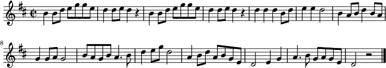 {
#(set-default-paper-size "a7")
#(set-global-staff-size 12)
\key d \major
\once \omit Score.MetronomeMark
\tempo 2 = 108
\time 2/2
\override Score.SpacingSpanner #'common-shortest-duration = #(ly:make-moment 1 2)
\relative c'' {b4 b8 d e g g e d4 d8 e d4 r b4 b8 d e g g e
d4 d8 e d4 r d d d b8 d e4 e d2 b4 a8 b d4 b8 a
g4 g8 a g2 b8 a g b a4. b8 d4 e8 g d2 a4 b8 d a b g e
d2 e4 g a4. b8 g8 a g e d2 r2
}\bar "|."
}
