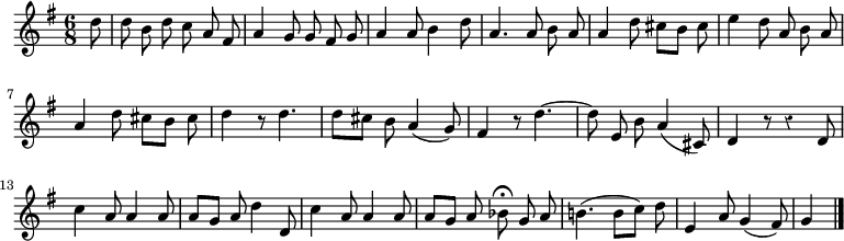 
\relative c'' {
  \override Rest #'style = #'classical
  \key g \major
  \time 6/8
  \partial 8
  \autoBeamOff
  d8
  d8 b d c a fis
  a4 g8 g fis g
  a4 a8 b4 d8
  a4. a8 b a
  a4 d8 cis[ b] cis

  e4 d8 a b a
  a4 d8 cis[ b] cis
  d4 r8 d4.
  d8[ cis] b a4( g8)
  fis4 r8 d'4.~
  d8 e, b' a4( cis,8)
  d4 r8 r4 d8

  c'4 a8 a4 a8
  a[ g] a d4 d,8
  c'4 a8 a4 a8
  a[ g] a bes\fermata g a
  b!4.( b8[ c]) d
  e,4 a8 g4( fis8)
  g4
  \bar "|."
}
