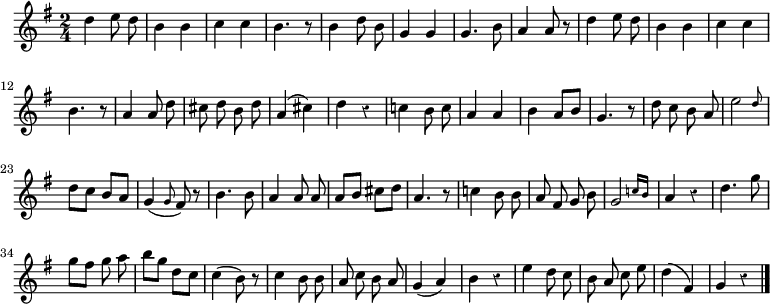 
\relative c'' {
  \override Rest #'style = #'classical
  \key g \major
  \time 2/4
  \autoBeamOff
  d4 e8 d
  b4 b
  c c b4. r8
  b4 d8 b
  g4 g g4. b8
  a4 a8 r
  d4 e8 d
  b4 b
  c c

  b4. r8
  a4 a8 d
  cis d b d
  a4( cis)
  d r
  c! b8 c
  a4 a
  b a8[ b]
  g4. r8
  d'8 c b a
  \afterGrace e'2 { d8 }
  d8[ c] b[ a]

  g4( \grace g8 fis) r
  b4. b8
  a4 a8 a
  a[ b] cis[ d]
  a4. r8
  c!4 b8 b
  a fis g b
  \afterGrace g2 { c!16[ b] }
  a4 r
  d4. g8
  g[ fis] g a

  b8[ g] d[ c]
  c4( b8) r
  c4 b8 b
  a c b a
  g4( a)
  b r
  e d8 c
  b a c e
  d4( fis,)
  g r
  \bar "|."
}
