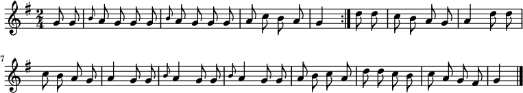 
\relative c'' {
  \key g \major
  \time 2/4
  \partial 4
  \autoBeamOff
  \repeat volta 2 {
    g8 g
    \grace b a g g g
    \grace b a g g g
    a c b a
    g4
  } d'8 d
  c b a g
  a4 d8 d

  c b a g
  a4 g8 g
  \grace b a4 g8 g
  \grace b a4 g8 g
  a b c a
  d d c b
  c a g fis
  g4
  \bar "|."
}
