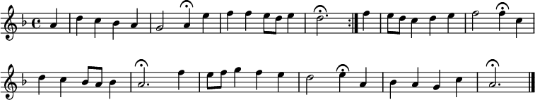 \new Staff <<\clef treble\new Voice = "Soprano"  { \key d \minor \tempo 4=60 \set Staff.midiInstrument = "oboe" {      \set Score.tempoHideNote = ##t      \override Score.BarNumber  #'transparent = ##t            \time 4/4            \relative c''      \repeat volta 2 { \partial 4 a4 | d4 c bes a | g2 a4\fermata e' | f f e8 d e4 | d2.\fermata }       \relative c'' {      f4 | e8 d c4 d e | f2 f4\fermata \break c | d c bes8 a bes4 | a2.\fermata f'4 | e8 f g4 f e | d2 e4\fermata a, | bes a g c | a2.\fermata \bar "|."      }    }  }>>