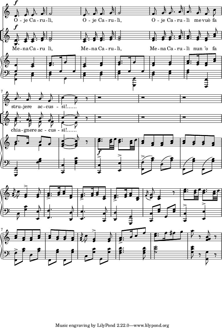 

global = { 
  \numericTimeSignature \time 2/4
  \override Score.BarNumber.break-visibility = #all-invisible
}

g_cross_staff_b = { \change Staff = "vascio2" \once\override Stem.length = #12 \stemUp 
                 \once\override Stem.length = #18 g16-\shape #'((0 . 1) (0 . 1) (0.1 . 2) (0.3 . 2.5))\(  \change Staff = "vascio1" <b f'>4\) }

g_cross_staff_c = { \change Staff = "vascio2" \once\override Stem.length = #12 \stemUp 
                 \once\override Stem.length = #18 g16-\shape #'((0 . 1) (0 . 1) (0.1 . 2) (0.3 . 3))\(  \change Staff = "vascio1" <c e>4\) }

melodia = \relative c' {
  \global \autoBeamOff 
  d8.^\f e16 e8. f16 | f2 | e8. f16 f8. g16 | g2 | f8. g16 g8. a16 | a8. g16 f8 \stemDown c' | \break
  \stemUp b8. a16 b8 g | \stemDown c4~ c8 r | r1*1/2 r r
}

coro = \relative c' {
  \global \autoBeamOff 
  < d g, >8.^\f < e c >16 <e c>8. <f d>16 | < f d >2 | <e c>8. <f d>16 < f d >8. < g e >16 | <g e>2 | < f d >8. < g e >16 < g e >8. < a f >16 | < a f >8. < g e >16 < f d >8 \stemUp <a c>
   << { \voiceOne \autoBeamOff  b8. a16 b8 g c4~ c8 } \\ \new Voice = "splitpart" { \voiceTwo \autoBeamOff g8. g16 f8 f e4~ e8 } >>
  r8 r1*1/2 r r
}

parole_a = \lyricmode {O -- je Ca -- ru -- lì,
O -- je Ca -- ru -- lì,
O -- je Ca -- ru -- lì me vuò fa
stru -- jere ac -- cus -- sì!……
} 

chiagnere = \lyricmode { 
chia -- gnere ac -- cus -- sì!……
}

parole_b = \lyricmode {
Me -- na Ca -- ru lì,
Me -- na Ca -- ru -- lì,
Me -- na Ca -- ru -- lì nun ’o fa
} 

vascio_up = \relative c' {
  \global \stemUp
   d4 <c e>     
   \once \override Beam.positions = #'(2 . 2.5)
   <d f>8.[ \change Staff = "vascio2" g,16  \change Staff = "vascio1" g'8 \change Staff = "vascio2" g,8] \change Staff = "vascio1"
   <c e>4  <d f>
   \once \override Beam.positions = #'(2 . 2)
   <e g>8.[ \change Staff = "vascio2" g,16  \change Staff = "vascio1" g'8 \change Staff = "vascio2" g,8] \change Staff = "vascio1"
   <d' f>4 <e g>
   <f a>8.[ <e g>16 <d f>8 <a' c>]
   <<  { \autoBeamOn b8. a16 b8 g } \\ { g4 f } >>
   < e g c >4~ <e g c>8 r
   \stemDown < c' e >8.[ <b d>32 e] < b d >8.[ < a c >32 d] \stemNeutral
   < a c >8[ < f a > q < a c >]
   < a c >8[ < g b > q < f a >]
}

vascio_down = \relative c {
  \global
\voiceOne 
      \autoBeamOn \stemDown
    | << \crossStaff { g'4 s } \\  { <d f,>4 <c e> } >>
    | << s2 \\  { <d f>4 g, } >>
    | <c e> <d f>
    | << s2 \\  { <e g>4 <g, g,> } >>
    | <d' f>4  <e g>
    | <f a>  \stemUp <f, f,> 
    | <g g,> \stemDown <f' g b> 
    | \stemUp <c c,> \stemDown <e g c> 
    | \stemUp <c c,>^>^\f <e e,>^>
    | \stemDown <f, f'>8^>( < a' c >) d,( < a' c >)
    | f,( < g' b >) f,( < g' b >)
}

vascio_due_up = \relative c' {
   \global  
    \acciaccatura <f a> \stemDown c'8 \stemNeutral <e, g>4^>  <e g>8
    | <f a>8._>[ <g b>16 <a c>8 <d, f>]
    | <e g>8._>[ <f a>16 <g b>8 <c, e>]
    | <d f>8._>[ <e g>16 <f a>8 <b, d>]
    | \acciaccatura f' <d g>8 <c e>4 r8
    | < c' e >8.[ <b d>32 e] < b d >8.[ < a c >32 d] \break
    | < a c >8[ < f a > q < a c >] 
    | < a c >8[ < g b > q < f a >]
    |\acciaccatura <f a> \stemDown c'8 \stemNeutral <e, g>4^>  <e g>8
    | <f a>8._>^[ b16 c8 f]
    | < c e >8.[ f16 fis8 g ]
    | a r <f, g b> r
}

vascio_due_down = \relative c {
 \global  
    | \grace s8 \stemDown c8 <g' c>4 \stemNeutral <e, e'>8 
    | <f f'>4. <d d'>8
    | <e e'>4. <c c'>8
    | <d d'>4 <g, g'>
    | <c c'>8[ <e' g>] g, [ <e' g>]
    | <c, c'>4^> <e e'>^>
    | <f f'>8^> <a' c> d, < a' c >
    | f, < g' b > f, < g' b >
    | c, <g' c> g, <g' c>
    | < f a d >4. < f a d >8
    |  < g c e >2
    |  < g c e >8 r \stemDown <g, g'> r
}

\score {
  <<
   \new Voice = "melodia" \melodia 
   \new Lyrics \lyricsto melodia \parole_a
   \new StaffGroup 
      <<  % Must be lower than the actual number of staff lines
        \override StaffGroup.SystemStartBracket.collapse-height = #4
        \override Score.SystemStartBar.collapse-height = #4
        \new Voice = "coro" \coro 
        \new Lyrics \lyricsto coro \parole_b 
        \new Lyrics \lyricsto splitpart \chiagnere 
      >>
  \new PianoStaff
    << 
      \new Staff = "vascio1" { \vascio_up }
      \new Staff = "vascio2" { \clef bass \vascio_down} 
    >>
  >>
  \layout {
     \context {
         \PianoStaff
         \consists #Span_stem_engraver
    }  
    \context {
       \Score
       \override StaffGrouper.staff-staff-spacing.padding = #0
       \override StaffGrouper.staff-staff-spacing.basic-distance = #1
       \once \override Score.TimeSignature #'stencil = ##f
    }
   indent = #0
  }
}
\score {  
 
   \new PianoStaff 
    << 
      \new Staff = "vascio21" { \vascio_due_up }
      \new Staff = "vascio22" { \clef bass \vascio_due_down }
    >>

  \layout {
     \context {
         \PianoStaff
         \consists #Span_stem_engraver
    }  
   \context {
       \Score
          \once \override Score.TimeSignature #'stencil = ##f
   }
   indent = #0
  }
}
