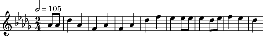 
\relative c'' { \set Staff.midiInstrument = #"piano" \tempo 2 = 105 \key des \major \time 2/4 \partial 4 as8 as des4 as f as f as des f es es8 es4 des8 es f4 es des }
