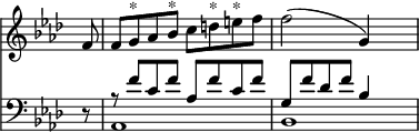 { \time 4/4 \override Score.TimeSignature #'stencil = ##f << \new Staff { \key f \minor \partial 8 \relative f' { f8 | f g^"*" aes bes^"*" c d^"*" e^"*" f | f2( g,4) s } }
\new Staff { \clef bass \key f \minor \relative f' { r8 << { r f c f aes, f' c f | g, f' des f bes,4 } \\ { aes,1 bes } >> } } >> }