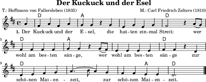 
\version "2.20.0"
\header {
 title = "Der Kuckuck und der Esel"
 % subtitle = "MeinSubtitle"
 poet = "T.: Hoffmann von Fallersleben (1835)"
 composer = "M.: Carl Friedrich Zelters (1810)"
 % arranger = "arr: ccbysa: Wikibooks (mjchael)"
}

myKey = {
  \clef "treble"
  \time 4/4
  \tempo 4 = 160
  %%Tempo ausblenden
  \set Score.tempoHideNote = ##t
  \key d\major
}

%% Akkorde
%% 4/4-Schlag 
%% 1 . 2 . 3 . 4 .
myD  = \chordmode { d,4  d  d,  d  }
myA  = \chordmode { a,,4 a, a,, a, }
myDA  = \chordmode { d,4 d a,, a, }
myChords = \chordmode {
  \set Staff.midiInstrument = #"acoustic guitar (nylon)"
  %% Akkorde nur beim Wechsel notieren
  \set chordChanges = ##t
  \partial 4 s4
  \myD \myA \myA \myD
  \myD  \myA  \myA \myD
  \myD \myD \myDA 
  % Schluss
  \chordmode { d,4  d  d, }
  }

myMelody = \relative c'' {
  \myKey
  \set Staff.midiInstrument = #"trombone"
  \partial 4 a4 
  fis a fis a | g g r4 g4 | e g e g | fis2 r4 a8( g) | \break
  fis4 4 4 4 | g4 g r4 g8( fis) | e4 4 4 4 | fis4 fis r4 d4 | \break
 d e fis g | a4.( b8 a4) g | fis fis e e | d2. 

  \bar "|."
}

myLyrics = \lyricmode {
  \set stanza = "1."
  Der Kuck -- uck und der E -- sel,
  die hat -- ten ein -- mal Streit:
  wer wohl am bes -- ten sän -- ge,
  wer wohl am bes -- ten sän -- ge
  zur schö -- nen Mai -- en -- zeit,
  zur schö -- nen Mai -- en -- zeit.
}

\score {
  <<
    \new ChordNames { \myChords }
    \new Voice = "mySong" { \myMelody }
    \new Lyrics \lyricsto "mySong" { \myLyrics }
    % \new TabStaff { \myChords } %% Check 
  >>
  \layout { }
}

\score {
  << 
    \new ChordNames { 
      \unfoldRepeats { \myChords }
    }
    \new Voice = "mySong" { 
      \unfoldRepeats { \myMelody }
    }
    \new Lyrics \lyricsto "mySong" { \myLyrics }
  % \new TabStaff { \myChords } %% Check 
   >>
  \midi { }
}


%% unterdrückt im raw="1"-Modus das DinA4-Format.
\paper {
  indent=0\mm
  %% DinA4 0 210mm - 10mm Rand - 20mm Lochrand = 180mm
  line-width=180\mm
  oddFooterMarkup=##f
  oddHeaderMarkup=##f
  % bookTitleMarkup=##f
  scoreTitleMarkup=##f
}
