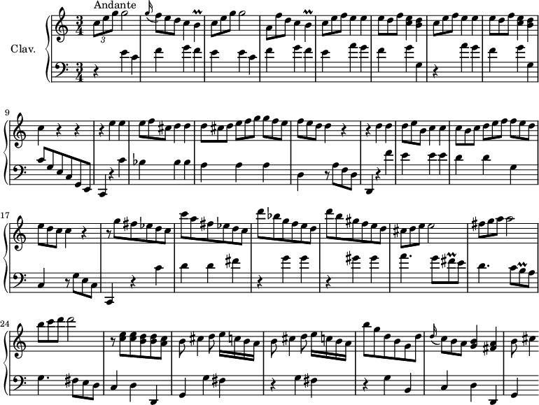 
\version "2.18.2"
\header {
  tagline = ##f
  % composer = "Domenico Scarlatti"
  % opus = "K. 165"
  % meter = "Andante"
}

%% les petites notes
trillB       = { \tag #'print { b4\prall } \tag #'midi { \times 2/3 { c32 b c } b16~ b8 } }
trillFisq    = { \tag #'print { fis8\prall } \tag #'midi { \times 2/3 { g32 fis g } fis16 } }
trillBq      = { \tag #'print { b8\prall } \tag #'midi { \times 2/3 { c32 b c } b16 } }

upper = \relative c'' {
  \clef treble 
  \key c \major
  \time 3/4
  \tempo 4 = 80
  \set Staff.midiInstrument = #"harpsichord"
  \override TupletBracket.bracket-visibility = ##f

      s8*0^\markup{Andante}
      \times 2/3 { c8 e g }  g2 | \omit TupletNumber \appoggiatura g16 \times 2/3 { f8 e d } c4 \trillB | \times 2/3 { c8 e g }  g2 | \times 2/3 { a,8 f' d } c4 \trillB
      % ms. 5
      \repeat unfold 2 { \times 2/3 { c8 e f } e4 e | \times 2/3 { e8 d f } < c e >4 < b d > } | c4 r4 r4 |
      % ms. 10
      r4 e4 e | \times 2/3 { e8 f cis } d4 d | \times 2/3 { d8 cis d } \times 2/3 { e8[ f g] } \times 2/3 { g8 f e } | \times 2/3 { f8 e d } d4 r4 | r4 d4 d |     
      % ms. 15
      \times 2/3 { d8 e b } c4 c | \times 2/3 { c8 b c } \times 2/3 { d8[ e f] } \times 2/3 { f8 e d } | \times 2/3 { e8 d c } c4 r4 | r8 g'8 fis ees d c | c' a fis ees d c |  
      % ms. 20
      d'8 bes g f e d | d' b gis f e d | \times 2/3 { cis8 d e } e2 | \times 2/3 { fis8 g a } a2 | \times 2/3 { b8 c d } d2 | 
      % ms. 35
      r8 < c, e >8 q < b d > q < a c > | \repeat unfold 2 { b cis4 d8 e16 c b a } | b'8 g d b g d' | \appoggiatura d16 \times 2/3 { c8 b a } < g b >4 < fis a >
      % ms. 30
      b8 cis4*1/2

}

lower = \relative c' {
  \clef bass
  \key c \major
  \time 3/4
  \set Staff.midiInstrument = #"harpsichord"
  \override TupletBracket.bracket-visibility = ##f

    % ************************************** \appoggiatura a16  \repeat unfold 2 {  } \times 2/3 { }   \omit TupletNumber 
      r4 \repeat unfold 2 { e4 c | f g f |
      % ms. 5 suite
      e4 } a g | f g g, | r4 a'4 g | f g g, | c8 g e c g e |
      % ms. 10
      c4 r4 c''4 | bes bes bes | a a a | d, r8 a'8 f d | d,4 r4 f''4 |
      % ms. 15
      e4 e e | d d g, | c, r8 g'8 e c | c,4 r4 c''4 | d d fis |
      % ms. 20
      r4 g4 g | r4 gis4 gis | a4. g8 \trillFisq e8 | d4. c8 \trillBq a8 | g4. fis8 e d |
      % ms. 35
      c4 d d, | g g' fis | r4 g4 fis | r4 g4 b, | c d d, | 
      % ms. 30
      g4

}

thePianoStaff = \new PianoStaff <<
    \set PianoStaff.instrumentName = #"Clav."
    \new Staff = "upper" \upper
    \new Staff = "lower" \lower
  >>

\score {
  \keepWithTag #'print \thePianoStaff
  \layout {
      #(layout-set-staff-size 17)
    \context {
      \Score
     \override SpacingSpanner.common-shortest-duration = #(ly:make-moment 1/2)
      \remove "Metronome_mark_engraver"
    }
  }
}

\score {
  \keepWithTag #'midi \thePianoStaff
  \midi { }
}
