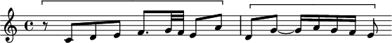 
\version "2.18.2"
\header {
 tagline = ##f
}

\score {
 \new Staff \with {

 }
<<
 \relative c' {
 \key c \major
 \time 4/4

 %% SUJET fugue CBT I-1, BWV 846, ut majeur
 \[ r8 c8 d e f8. g32 f e8 a\] \[ d, g~ g16 a g f e8 \]
 }
>>
 \layout {
 \context { \Score \remove "Metronome_mark_engraver" }
 }
 \midi {} 
}
