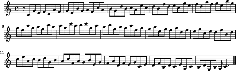 
{

r8
\modalTranspose c c' { c d e f g a b } { c8 g e f }
\modalTranspose c d' { c d e f g a b } { c g e f }
\modalTranspose c e' { c d e f g a b } { c g e f }
\modalTranspose c f' { c d e f g a b } { c g e f }
\modalTranspose c g' { c d e f g a b } { c g e f }
\modalTranspose c a' { c d e f g a b } { c g e f }
\modalTranspose c b' { c d e f g a b } { c g e f }
\modalTranspose c c'' { c d e f g a b } { c g e f }
\modalTranspose c d'' { c d e f g a b } { c g e f }
\modalTranspose c e'' { c d e f g a b } { c g e f }
\modalTranspose c f'' { c d e f g a b } { c g e f }
\modalTranspose c g'' { c d e f g a b } { c g e f }
\modalTranspose c a'' { c d e f g a b } { c g e f }

\modalInversion c e''' { c d e f g a b } { c g e f }
\modalInversion c d''' { c d e f g a b } { c g e f }
\modalInversion c c''' { c d e f g a b } { c g e f }
\modalInversion c b'' { c d e f g a b } { c g e f }
\modalInversion c a'' { c d e f g a b } { c g e f }
\modalInversion c g'' { c d e f g a b } { c g e f }
\modalInversion c f'' { c d e f g a b } { c g e f }
\modalInversion c e'' { c d e f g a b } { c g e f }
\modalInversion c d'' { c d e f g a b } { c g e f }
\modalInversion c c'' { c d e f g a b } { c g e f }
\modalInversion c b' { c d e f g a b } { c g e f }
\modalInversion c a' { c d e f g a b } { c g e f }
\modalInversion c g' { c d e f g a b } { c g e f }
\modalInversion c f' { c d e f g a b } { c g e f }
\modalInversion c e' { c d e f g a b } { c g e f }
\modalInversion c d' { c d e f g a b } { c g e f }


c'4.

\bar "|."
}
