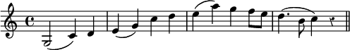 
\relative c' {
  \override Rest #'style = #'classical
  g2( c4) d e( g) c d 
  e( a) g f8 e d4.( b8 c4) r
  \bar "||"
}
