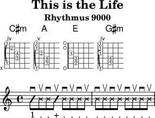 
\version "2.20.0"
\header {
  title="This is the Life"
  subtitle="Rhythmus 9000"
  encoder="mjchael"
}
myKey = {
    \tempo 4 = 130
    \time 4/4
    \key e \major
    \set Staff.midiInstrument = #"electric guitar (muted)"

}
clean = {\set Staff.midiInstrument = #"electric guitar (clean)"
\once \deadNotesOff}

muted = {  \set Staff.midiInstrument = #"electric guitar (muted)" 
 \deadNotesOn}

myCism = { 
  \clean 
  < cis gis cis' e' gis'>8
  \muted 8 8
  \clean 8 |
  \muted 8 8 8 8 | 8 8 8 8 | 8 8 8 8
}
myA = {
  \clean
  < a, e a cis' e' a'>8
  \muted 8 8
  \clean 8 |
  \muted 8 8 8 8 | 8 8 8 8 | 8 8 8 8
}
myE = { 
  \clean
  < e, b, e gis b e'>8
  \muted 8 8
  \clean 8 |
  \muted 8 8 8 8 | 8 8 8 8 | 8 8 8 8
}
myGism = { 
  \clean
  < gis, dis gis b dis' gis'>8
  \muted 8 8
  \clean 8 |
  \muted 8 8 8 8 | 8 8 8 8 | 8 8 8 8
}

myDiskant = {
  \repeat volta 2 { \myCism \myA 
  \myE \myGism}
}

\score {
<<
  \new ChordNames { \chordmode {
    cis'1:m a e gis:m
  }}
  \new FretBoards {
    \override FretBoards.FretBoard.size = #'1.5
    \override FretBoard.fret-diagram-details.finger-code = #'in-dot
    \override FretBoard.fret-diagram-details.dot-color = #'white
    \override FretBoard.fret-diagram-details.orientation =
        #'landscape
 < cis-1 gis-3 cis'-4 e'-2 gis'-1>1 % C#m
 < a,-1 e-3 a-4 cis'-2 e'-1 a'-1> % A
 < e, b,-2 e-3 gis-1 b e' > % E
  < gis,-1\6 dis-3\5 gis-4\4 b-1\3 dis'-1\2 gis'-1\1>
  }
 >>
}
\score {
 \new Voice \with {
    \consists "Pitch_squash_engraver"
  }{
    \set Staff.midiInstrument = "acoustic guitar (nylon)"
    \improvisationOn
    \override NoteHead.X-offset = 0
    \deadNotesOn
    \once \deadNotesOff
  cis 8 \downbow % 1
      8 \upbow % +
      8 \downbow % 2
    \once \deadNotesOff
      8 \upbow   % +
      8 \downbow % 3
      8 \upbow % +
      8 \downbow % 4
      8 \upbow   % +
  cis 8 \downbow % 1
      8 \upbow % +
      8 \downbow % 2
      8 \upbow   % +
      8 \downbow % 3
      8 \upbow % +
      8 \downbow % 4
      8 \upbow   % +
  }\addlyrics { "1" "." "." "+" 
   "." "." "." "."  "." "." "." "."
    "." "." "." "."
  }
 \layout{} 
}
\score { << % midi
  \myKey
{ \unfoldRepeats \repeat volta 4 {
 \myDiskant
}

< cis-1 gis-3 cis'-4 e'-2 gis'-1>1
}
>> \midi{} }

\paper {
  indent=0\mm
  line-width=80\mm
  oddFooterMarkup=##f
  oddHeaderMarkup=##f
  % bookTitleMarkup=##f
  scoreTitleMarkup=##f
}
