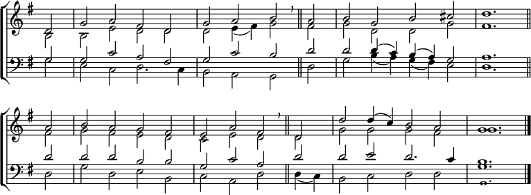 
\new ChoirStaff <<
  \new Staff { \clef treble \time 4/2 \key g \major \partial 2 \set Staff.midiInstrument = "church organ" \omit Staff.TimeSignature \set Score.tempoHideNote = ##t \override Score.BarNumber  #'transparent = ##t
  \relative c'
  << { d2 | g a fis d | g a b \breathe \bar"||" a | b g b cis | d1. \bar"||" \break
       a2 | b a g fis | e a fis \breathe \bar"||" d | d' d4( c) b2 a | g1. \bar"|." } \\
  { b,2 | b e d d | d e4( fis) g2 fis | g d d g | fis1.
    fis2 | g fis e d | c e d d | g g g fis | g1. } >>
  } 
\new Staff { \clef bass \key g \major \set Staff.midiInstrument = "church organ" \omit Staff.TimeSignature
  \relative c'
  << { g2 | g c a fis | g c b d | d d4( c) b( a) g2 | a1.
       d2 | d d b b | g c a d | d e d2. c4 | b1. } \\
  { g2 | e c d2. c4 | b2 a g d' | g b4( a) g( fis) e2 | d1.
    d2 | g d e b | c a d d4( c) | b2 c d d | g1. } \\
      \tiny \override NoteColumn.force-hshift = #0.2 { s2 | s1 s | s s | s s | s s
              s s | s s | s s | g,1. } >>
  } 
>>
\layout { indent = #0 }
\midi { \tempo 2 = 60 }
