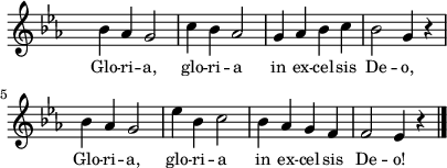 
lVarA = \lyricmode { Glo -- ri -- a, glo -- ri -- a in ex -- cel -- sis De -- o, Glo -- ri -- a, glo -- ri -- a in ex -- cel -- sis De -- o! }

sVarAk = { bes4 aes g2 | c4 bes aes2 | g4 aes bes c | bes2 g4 r | bes aes g2 | es'4 bes c2 | bes4 aes g f | f2 es4 r \bar "|." }

\paper { #(set-paper-size "a4")
 oddHeaderMarkup = "" evenHeaderMarkup = "" }
\header { tagline = ##f }
\version "2.18.2"
\score {
\midi {  }
\layout { line-width = #100
indent = 0\cm}
\new Staff { \clef "violin" \key c \minor \override Staff.TimeSignature #'transparent = ##t \time 4/4 \autoBeamOff \relative g' { \sVarAk } }
  \addlyrics { \small \lVarA } }