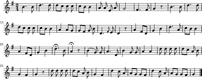 
\relative c'' {
  \override Rest #'style = #'classical
  \key g \major
  \time 2/4
  \autoBeamOff
  b4. b8
  d4. d8
  d[ c] c c
  c[ b] b4
  a8 a e a
  g2
  fis4. fis8
  g4 r
  b4. b8
  d4. d8
  d[ c] c c
  c[ b] b4
  a a8[ g]
  g[ fis] g b
  d,4.\grace fis8 e
  d4 r
  a' fis8[ d]
  g4 b
  d4. a8
  c[ b] b4
  a fis8[ d]
  g4 b
  d4.\fermata b8
  a4\fermata r
  b( g8) g
  a4. d,8
  b'4 g8 g
  a4 a
  d8 d d d
  d[ c] a b
  g4 fis
  g r
  d'8 d d d
  d[ c] a b
  g4 fis
  d' c8 a
  a[ g] g[ fis]
  d'4 c8 a
  a[ g] g[ fis]
  g4
  \bar "|."
}
