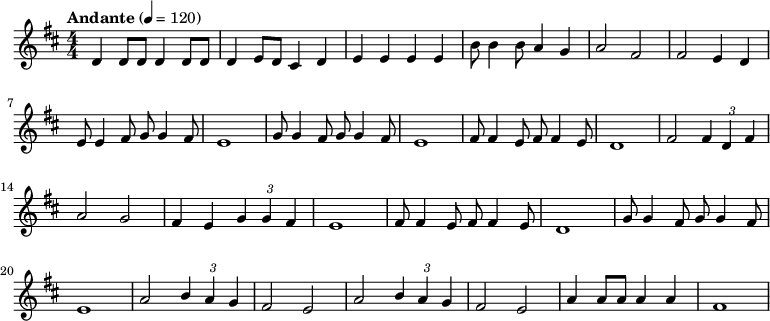 {% 0\numericTimeSignature \tempo "Andante" 4 = 120 \time 4/4 \key d \majord'4 d'8 d'8 d'4 d'8 d'8 d'4 e'8 d'8 cis'4 d'4 e'4 e'4 e'4 e'4 b'8 b'4 b'8 a'4 g'4 a'2 fis'2 fis'2 e'4 d'4 e'8 e'4 fis'8 g'8 g'4 fis'8 e'1 g'8 g'4 fis'8 g'8 g'4 fis'8 e'1 fis'8 fis'4 e'8 fis'8 fis'4 e'8 d'1 fis'2 \times 2/3 {fis'4 [d'4 fis'4]} a'2 g'2 fis'4 e'4 \times 2/3 {g'4 [g'4 fis'4]} e'1 fis'8 fis'4 e'8 fis'8 fis'4 e'8 d'1 g'8 g'4 fis'8 g'8 g'4 fis'8 e'1 a'2 \times 2/3 {b'4 [a'4 g'4]} fis'2 e'2 a'2 \times 2/3 {b'4 [a'4 g'4]} fis'2 e'2 a'4 a'8 a'8 a'4 a'4 fis'1 }