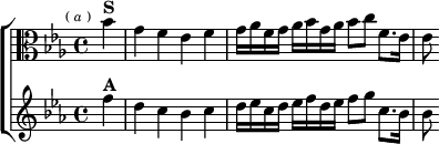  \new ChoirStaff <<
  \new Staff \relative b' { \clef alto \key ees \major \time 4/4 \partial 4 \mark \markup \tiny { ( \italic a ) }
    bes4^\markup \bold "S" | g f ees f |
    g16 aes f g aes bes g aes bes8 c f,8. ees16 | ees8 }
  \new Staff \relative f'' { \key ees \major
    f4^\markup \bold "A" | d c bes c |
    d16 ees c d ees f d ees f8 g c,8. bes16 | bes8 } >>