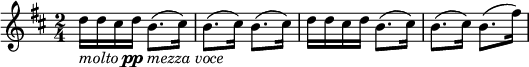 \relative c'' {
\time 2/4
\key b \minor 
d16_\markup{\italic "molto" \dynamic "pp" \italic "mezza voce"} d cis d b8.( cis16) | b8.( cis16) b8.( cis16) | d16 d cis d b8.( cis16) | b8.( cis16) b8.( fis'16) |
}