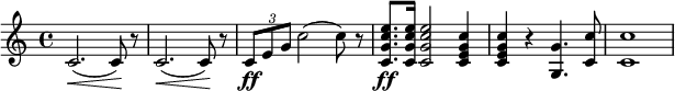 
\relative c'' {
\clef G
\key c \major
\time 4/4
\set Score.tempoHideNote = ##t
    \tempo 4 = 120
\set Staff.midiInstrument = #"trumpet"
   c,2.\< (c8\!) r c2.\< (c8\!) r
   \tuplet 3/2 {c8\ff e8 g8} c2 (c8) r8
   <c, g' c e>8.\ff <c g' c e>16 <c g' c e>2 <c e g c>4
   <c e g c>4  r <g g'>4. <c c'>8
   <c c'>1
}
