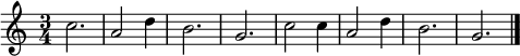 
\relative c''  { \time 3/4 \set Staff.midiInstrument = #"clarinet" \set Score.tempoHideNote = ##t \tempo 2. = 108
c2. | a2 d4 | b2. | g2. | c2 c4 | a2 d4 | b2. | g2. \bar "|."
}
