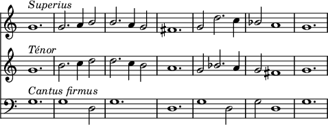 
\language "italiano"
\score {
  { <<
    \new Staff { 
        \relative do'' {
        \clef treble
        \time 3/2
        sol1.^\markup { \italic "Superius" } sol2. la4 \stemUp si2 | si2. la4 sol2 | fad1. | sol2 \stemNeutral re'2. do4 | \stemUp sib2 la1 | sol1. |
       }
    }
    \new Staff { 
        \relative do'' {
        \clef treble
        \time 3/2
        sol1.^\markup { \italic "Ténor" } si2. do4 re2 | re2. do4 si2 | la1. | sol2 \stemUp sib2. la4 | sol2 fad1 | sol1. |
       }
    }
    \new Staff { 
        \relative do' {
        \clef bass
        \time 3/2
        sol1.^\markup { \italic "Cantus firmus" } sol1 re2 | sol1. | re | sol1 re2 | sol2 re1 | sol1. |
       }
    }
  >> }
  \layout {
    \context { \Staff \RemoveEmptyStaves \remove Time_signature_engraver }
    indent = 0\cm
    line-width = #120
    \override Score.BarNumber #'stencil = ##f
  }
}
\header { tagline = ##f}
