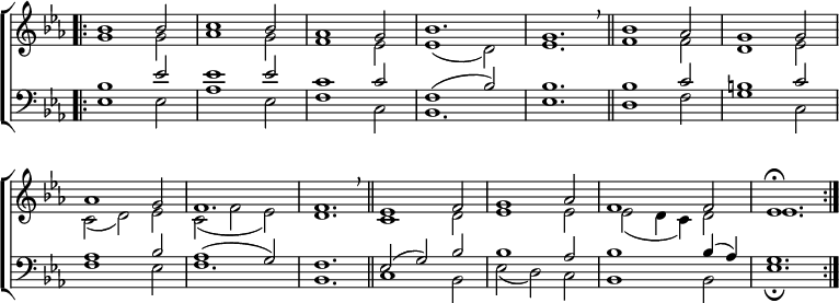 
\new ChoirStaff <<
  \new Staff { \clef treble \time 3/2 \key es \major \set Staff.midiInstrument = "church organ" \omit Staff.TimeSignature \set Score.tempoHideNote = ##t \override Score.BarNumber  #'transparent = ##t
  \relative c''
  << { \bar".|:" bes1 bes2 | c1 bes2 | aes1 g2 | bes1. | g \breathe \bar"||" bes1 aes2 | g1 g2 | \break
       aes1 g2 | f1. | f \breathe \bar"||" es1 f2 | g1 aes2 | f1 f2 | es1. \fermata \bar":|." } \\
  { g1 g2 | aes1 g2 | f1 es2| es1( d2) | es1. | f1 f2 | d1 es2 |
    c( d) es | c( f es) | d1. | c1 d2 | es1 es2 | es( d4 c) d2 | es1. } >>
  } 
\new Staff { \clef bass \key es \major \set Staff.midiInstrument = "church organ" \omit Staff.TimeSignature \override Staff.NoteHead.style = #'altdefault
  \relative c'
  << { bes1 es2 | es1 es2 | c1 c2 | f,1( bes2) | bes1. | bes1 c2 | b1 c2 |
       aes1 bes2 | aes1( g2) | f1. | es2( g) bes | bes1 aes2 | bes1 bes4( aes) | g1. } \\
  { es1 es2 | aes1 es2 | f1 c2 | bes1. | es | d1 f2 | g1 c,2 |
    f1 es2 | f1. | bes, | c1 bes2 | es( d) c | bes1 bes2 | es1. \fermata } >>
  } 
>>
\layout { indent = #0 }
\midi { \tempo 2 = 58 }
