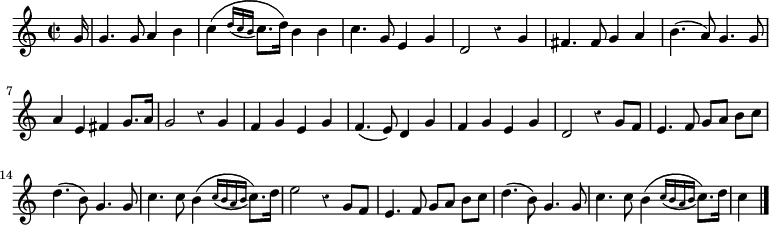 
\relative c'' {
  \override Rest #'style = #'classical
  \time 2/2
  \partial 16
  %deux lignes pour régler les ligatures des croches.
  \set Timing.baseMoment = #(ly:make-moment 1 8)
  \set Timing.beatStructure = #'(2 2 2 2)
  g16
  g4. g8 a4 b
  c( \appoggiatura { d16 c b } c8. d16) b4 b
  c4. g8 e4 g
  d2 r4 g
  fis4. fis8 g4 a
  b4.( a8) g4. g8

  a4 e fis g8. a16
  g2 r4 g
  f g e g
  f4.( e8) d4 g
  f g e g
  d2 r4 g8 f
  e4. f8 g a b c
  d4.( b8) g4. g8

  c4. c8 b4( \appoggiatura { c16 b a b } c8.) d16
  e2 r4 g,8 f
  e4. f8 g a b c
  d4.( b8) g4. g8
  c4. c8 b4( \appoggiatura { c16 b a b } c8.) d16
  c4
  \bar "|."
}
