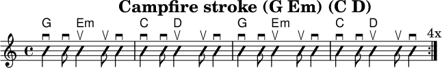 
\version "2.20.0"
\header {
  title="Campfire stroke (G Em) (C D)"
  encoder="mjchael"
}

myChords = \new ChordNames { \chordmode {
    g4. e8:m s2 c4. d8 s2 
    g4. e8:m s2 c4. d8 s2
}}

Lager_G_a = {
  <g, b d>4 \downbow %1
  <g b g'>8 \downbow %2
}

Lager_Em_b = {
  <g b e'>4 \upbow %+
  <g b e'>8 \upbow %+
  <g b e'>4 \downbow %4
}

Lager_C_a = {
  <e, c e>4 \downbow
  <g c' e'>8 \downbow 
}

Lager_D_b = { 
  <a d' fis'>4 \upbow 
  <a d' fis'>8 \upbow 
  <a d' fis'>4 \downbow
}

myRhythm = { \repeat volta 4 {
  \Lager_G_a \Lager_Em_b \Lager_C_a \Lager_D_b
  \Lager_G_a \Lager_Em_b \Lager_C_a \Lager_D_b
  \mark "4x"
}}

\score { << %layout
  % Chords
  \myChords
  % Slash Notation
  \new Voice \with {
    \consists "Pitch_squash_engraver"
  }{
    \set Staff.midiInstrument = "acoustic guitar (nylon)"
    \improvisationOn
    \override NoteHead.X-offset = 0
    \myRhythm
  }
>> \layout{} }

\score { << % midi
  \unfoldRepeats {
    \tempo 4 = 90
    \time 4/4
    \key d \major
    \set Staff.midiInstrument = #"acoustic guitar (nylon)"
    c4 b, a,
    \myRhythm 
    <g, b, d g b g,>1 \downbow
  }
>> \midi{} }

\paper {
  indent=0\mm
  line-width=180\mm
  oddFooterMarkup=##f
  oddHeaderMarkup=##f
  % bookTitleMarkup=##f
  scoreTitleMarkup=##f
}
