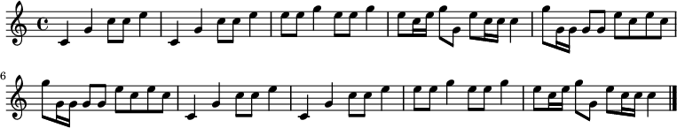 {
#(set-default-paper-size "a7")
#(set-global-staff-size 15)
\transposition g   % ← G管のビューグルを想定
\once \omit Score.MetronomeMark
\tempo 4 = 56    % ← midiの演奏テンポ
\time 4/4
%\set Staff.midiInstrument = #"trumpet"
\override Score.SpacingSpanner #'common-shortest-duration = #(ly:make-moment 1 4)
\relative c' {
c4 g'4 c8 c8 e4 c,4 g'4 c8 c8 e4 e8 e8 g4 e8 e8 g4 e8 c16 e16 g8 g,8 e'8 c16 c16 c4
g'8 g,16 g16 g8 g8 e'8 c8 e8 c8 g'8 g,16 g16 g8 g8 e'8 c8 e8 c8
c,4 g'4 c8 c8 e4 c,4 g'4 c8 c8 e4 e8 e8 g4 e8 e8 g4 e8 c16 e16 g8 g,8 e'8 c16 c16
\once \omit Score.MetronomeMark
\tempo 4 = 28
c4
}\bar "|."
}
