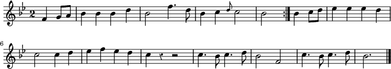 
\relative c' {
  \key bes \major
  \override Staff.TimeSignature #'style = #'single-digit
  \time 2/2
  \partial 2
  \override Rest #'style = #'classical
  \repeat volta 2 {
    f4 g8 a
    bes4 bes bes d
    bes2 f'4. d8
    bes4 c \grace d8 c2
    bes
  }
  bes4 c8 d
  es4 es es d

  c2 c4 d
  es f es d
  c r r2
  c4. bes8 c4. d8
  bes2 f
  c'4. bes8 c4. d8
  bes2.
  \bar "|."
}
\midi {
  \context {
    \Score
    tempoWholesPerMinute = #(ly:make-moment 100 2)
  }
}
