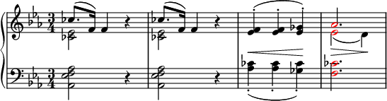 
    {\ new PianoStaff << \ new Staff << \ new Voice \ relative c '' {\ clave treble \ key es \ major \ time 3/4 \ override DynamicLineSpanner.staff-padding = # 4 \ stemUp ces8. ^ (f , 16) f4 r4 ces'8. ^ (F, 16) f4 r4 <es f> ^. ^ (\ <Es f> ^. <Es ges> ^.) \!  \ once \ override NoteHead.color = #red aes2.  } \ new Voice \ relative c '{\ stemDown <ces es> 2 s4 <ces es> 2 s4 s2.  \ once \ override NoteHead.color = #red es2 _ (\> d4) \!  } >> \ new Staff << \ relative c {\ clef bass \ key es \ major \ time 3/4 <aes es 'f aes> 2 r4 <aes es' f aes> 2 r4 <aes 'ces> 4_. _ (<aes ces> _. <ges ces> _.) \ once \ override NoteHead.color = #red <f ces '> 2.  } >> >>}
