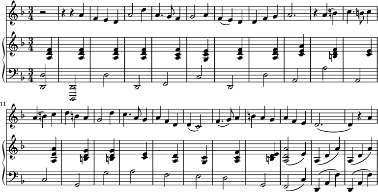 
<<
\new Staff 
 \relative c''
{
\time 3/4
\key f \major
\partial 2
r2 r4 r4
a f e d a'2 d4 a4. g8 f4 g2 a4 f (e) d d f g a2. r4 a (b) c4. b8 c4 a (b) c d b a g2 d'4 c4. a8 g4 a f d d (c2) f4. (g8) a4 b a g a f e d2. (d4) r a' 
}
\new PianoStaff <<
\new Staff {
\key f \major 
s4 <f' d' a>4
s2 <f' d' a>4
s2 <f' d' a>4
s2 <f' d' a>4
s2 <f' c' a>4
s2 <e' c' g>4
s2 <f' d' a>4
s2 <f' d' a>4
s2 <a' e' c'>4
s2 <f' d' b>4
s2 <e' c'>4
s2 <a' e' a>4
s2 <g' d' b>4
s2 <g' d' b>4
s2 <e' c'>4
s2 <d' a>4
s2 <c' g>4
s2 <f' c' a>4
s2 <e' d' b>4
<a' d' a>2 (e'4)
a (d' a') a (d' a')
}
\new Staff {
\clef bass 
\key f \major
<d d,>2 s4
<d, d,,>2 s4
d2 s4 d,2 s4 f,2 s4 c2 s4 d,2 s4 d2 s4 a,2 s4 a2 s4 a,2 s4 c2 s4 g,2 s4 g2 s4 a2 s4 f2 s4 e2 s4 d2 s4 g,2 f,2 (c4) d, (a, f) d, (a, f)
}
>>
>>
