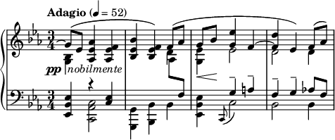 \new PianoStaff <<
\new Staff = "right" \relative c'' {\clef treble \time 3/4 \key es \major \tempo "Adagio" 4 = 52
<<\relative c'' {\shape #'((-3 . -3) (-3.3 . -2.8) (-3 . -2.8) (-3.5 . -2.5)) Slur \once \override TextScript.outside-staff-padding = #3.4 g8(^\(_\markup {\halign #1.5 \dynamic pp} es)_\markup {\halign #-0.7 \italic nobilmente} <as es as,>4 <f es as,> <bes es, bes> <f es bes>\) f8( as g\< bes\! <es g,>4 f,~ <f d'> es) f8( as)} \\
 \stemDown \relative c' { <bes g>4 s2 s2 d4 <es g,> es2 d2 d4} \\
 \stemDown \relative c' {s2. s2 \once \override NoteColumn.force-hshift = #0.3 as8 \change Staff = "left" \stemUp f} >> } 
\new Staff = "left" \relative c {\clef bass \time 3/4 \key es \major
<<\relative c {<es bes es,>4 r <es c> s2. s4 g-- a-- f-- g-- as!8 f} \\
 \relative c, {s4 <c as' c>2 <g g'>4 <bes bes'> bes' <es bes es,>4 \stemUp \appoggiatura c,8 \stemDown c'2 bes bes4} >> }
>>