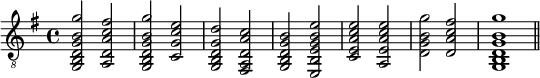 
\relative c {
  \clef "treble_8"
  \key g \major
  <g b d g b g'>2 <a d a' c fis>
  <g b d g b g'> <c g' c e>
  <g b d g d'> <fis a d a' c>
  <g b d g b> <e b' e g b e>
  <c' e a c e> <a e' a c e>
  <d g b g'> <d a' c fis>
  <g, b d g b g'>1
  \bar "||"
}
