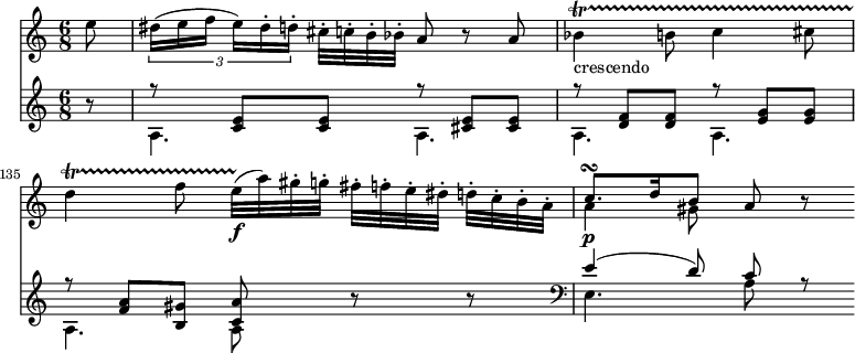 
<<
\relative a''

\new Staff {
\key a \minor
\time 6/8
\set Score.tempoHideNote = ##t
\tempo 8 = 120
\partial 8
e8
\set Score.currentBarNumber = #133
\tuplet 3/2 { dis16 (e  f  e) [ dis-. d-. ] }
cis32-. c-. b-. bes-.
a8 r a  bes4_"crescendo" \startTrillSpan b8
c4 cis8 
d4 f8  e32\f  \stopTrillSpan (a32) gis-. g-. fis-. [f-. e-. dis-.] d-. [ c-. b-. a-.]
 <<
      {
        \voiceOne
        c8.\p\turn d16 b8
      }
      \new Voice {
        \voiceTwo
        a4 gis8
      }
    >>
    \oneVoice
a8 r8
}

\new Staff {
\set Staff.midiInstrument = #"fortepiano"
\set Staff.midiMaximumVolume = #0.3
r8
 <<
      {
        \voiceOne
r8 <c' e'>8 <c' e'>8  r8 <cis' e'>8 <cis' e'>8  r8 <d' f'>8 <d' f'>8  r8 <e' g'>8 <e' g'>8  r8 <f' a'>8 <b gis'>8 <c' a'>8
      }
      \new Voice {
        \voiceTwo
a4. a a a
a a8
      }
    >>

\oneVoice

r8 r8

 <<
      {
        \voiceOne
e'4 (d'8) c' r
      }
      \new Voice {
        \voiceTwo
\clef "bass"
e4. a8

      }
    >>

}
>>
