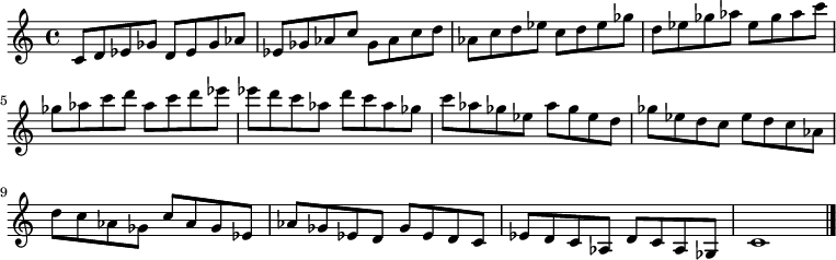 
{

\modalTranspose c c' { c d ees ges aes } { c8 d ees ges } 
\modalTranspose c d' { c d ees ges aes } { c d ees ges } 
\modalTranspose c ees' { c d ees ges aes } { c d ees ges } 
\modalTranspose c ges' { c d ees ges aes } { c d ees ges } 
\modalTranspose c aes' { c d ees ges aes } { c d ees ges } 
\modalTranspose c c'' { c d ees ges aes } { c d ees ges } 
\modalTranspose c d'' { c d ees ges aes } { c d ees ges } 
\modalTranspose c ees'' { c d ees ges aes } { c d ees ges } 
\modalTranspose c ges'' { c d ees ges aes } { c d ees ges } 
\modalTranspose c aes'' { c d ees ges aes } { c d ees ges } 

\modalInversion c ees''' { c d ees ges aes } { c d ees ges } 
\modalInversion c d''' { c d ees ges aes } { c d ees ges } 
\modalInversion c c''' { c d ees ges aes } { c d ees ges } 
\modalInversion c aes'' { c d ees ges aes } { c d ees ges } 
\modalInversion c ges'' { c d ees ges aes } { c d ees ges } 
\modalInversion c ees'' { c d ees ges aes } { c d ees ges } 
\modalInversion c d'' { c d ees ges aes } { c d ees ges } 
\modalInversion c c'' { c d ees ges aes } { c d ees ges } 
\modalInversion c aes' { c d ees ges aes } { c d ees ges } 
\modalInversion c ges' { c d ees ges aes } { c d ees ges } 
\modalInversion c ees' { c d ees ges aes } { c d ees ges } 
\modalInversion c d' { c d ees ges aes } { c d ees ges } 

c'1

\bar "|."
}
