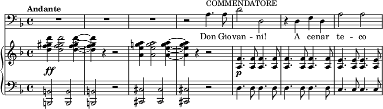
{
      <<
        \new Staff <<
            \tempo Andante
            \relative c' {
                \set Score.tempoHideNote = ##t \tempo 4 = 86
                \set Staff.midiInstrument = #"trombone"
                \clef F \key d \minor
                R1 R1 R1 r2 a4.^"COMMENDATORE" a8 d2 d, r4 d f d a'2 a
                }
                \addlyrics { Don Gio -- van -- ni! A ce -- nar te -- co }
            >>
      \new PianoStaff <<
        \new Staff <<
           \set Staff.midiInstrument = #"string ensemble 1"
           \key d \minor
           \relative c'' {
                \override DynamicLineSpanner.staff-padding = #3
                <d f gis d'>4\ff <d f gis d'>2 <d f gis d'>4~ <d f gis d'>4 r4 r2 <a e' g! a>4 <a e' g a>2 <a e' g a>4~ <a e' g a>4 r4 r2 <a, f'>4.\p <a f'>8 <a f'>4. <a f'>8 <a f'>4. <a f'>8 <a f'>4. <a f'>8 <a e'>4. <a e'>8 <a e'>4. <a e'>8
                }
            >>
        \new Staff <<
           \clef F \key d \minor
           \relative c, {
                <b b'>2 <b b'> <b b'> r <cis cis'> <cis cis'> <cis cis'> r d'4. d8 d4. d8 d4. d8 d4. d8 c4. c8 c4. c8
                }
            >>
    >>  >> }
