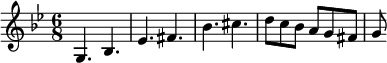 { \time 6/8 \key g \minor g4. bes4. ees'4. fis'4. bes'4. cis''4. d''8 c''8 bes'8 a'8 g'8 fis'8 g'8 }