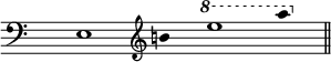 
\language "italiano"
melody = \relative do {
\clef "bass"
  \once \override Staff.TimeSignature.color = #white
  \once \override Staff.TimeSignature.layer = #-1
  \time 10/4
  \override Stem.length = #0
  mi1 \clef "treble" si''!4 \ottava #1 mi'1 la4 \bar "||"
}
\score {
  <<
    \new Voice = "mel" { \autoBeamOff \melody }
  >>
  \layout {
    \context { \Staff 
               \RemoveEmptyStaves 
             }
    \context { \Score
               \override SpacingSpanner.base-shortest-duration = #(ly:make-moment 1/32)
    }
    indent = 0\cm
%    line-width = #120
    \override Score.BarNumber #'stencil = ##f
  }
  \midi { }
}
\header { tagline = ##f}
