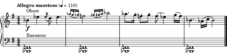 
{ \new PianoStaff << \relative bes' {
 \clef "treble" \numericTimeSignature\time 4/4 \key e \minor \tempo "Allegro maestoso" 4 = 110 | % 1
 \stemDown bes4 ^ "Oboes" _\f \stemDown es4 \acciaccatura { \stemUp es16
 ( } \stemDown d8 ) \stemDown es4. | % 2
 \grace { \stemUp as16 ( [ \stemUp g16 \stemUp ges16 ) ] } \stemDown
 f2 \grace { \stemUp g16 ( [ \stemUp gis16 \stemUp as16 ) ] }
 \stemDown bes2 | % 3
 \stemDown as8. [ \stemDown g16 ^. ] \stemDown f8 ^. [ \stemDown g8
 ^. ] \stemDown f8 ( \stemDown es4 ) \stemDown g16 ( [ \stemDown f16
 ) ] | % 4
 \stemDown bes,4. \stemDown as16 ( [ \stemDown c16 ] \stemDown bes2 )
 \bar "|."
 }
 \new Staff \relative bes,, {
 \clef "bass" \numericTimeSignature\time 4/4 \key e \minor | % 1
 <bes f'>1 ^ "Bassoons" | % 2
 <bes f'>1 | % 3
 <bes f'>1 | % 4
 <bes f'>1 \bar "|."
 } >> }
 