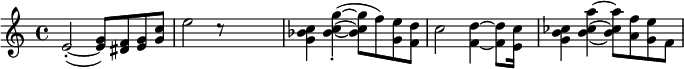 
\relative e' {
    \clef "treble" \time 4/4 | % 1
    \stemUp e2 ( ~ _. ^ "" \stemUp <e g>8 [ ) [ \stemUp <dis f>8 \stemUp
    <e g>8 \stemUp <g c>8 ] ] | % 2
    \stemDown e'2 c8 \rest s4. | % 3
    \stemDown <g bes c>4 \stemDown <bes c g'>4 ( _. ~ \stemDown <bes c
        g'>8 [ [ [ \stemDown f'8 ) \stemDown <g, e'>8 \stemDown <f d'>8
    ] ] | % 4
    \stemDown c'2 \stemDown <f, d'>4 ~ \stemDown <f d'>8 [ [ \stemDown
    <e c'>16 ] ] s16 | % 5
    \stemDown <g b ces>4 \stemDown <b ces a'>4 ~ ~ \stemDown <b ces a'>8
    [ [ [ \stemDown <a f'>8 \stemDown <g e'>8 \stemDown f8 ] \break | % 6
}
