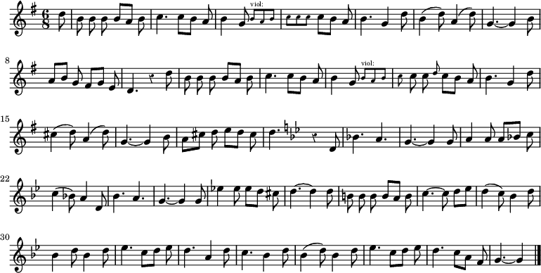 
\relative c'' {
  \key g \major
  \time 6/8
  \partial 8
  \autoBeamOff
  \override Rest #'style = #'classical
  d8
  b b b b[ a] b
  c4. c8[ b] a
  b4 g8 \new CueVoice {
    b8^"viol:" a b
    c c c
  }
  c8[ b] a
  b4. g4 d'8
  b4( d8) a4( d8)
  g,4.~ g4 b8

  % tourne

  a8[ b] g fis[ g] e
  d4. r4 d'8
  b b b b[ a] b
  c4. c8[ b] a
  b4 g8 \new CueVoice {
    b8^"viol:" a b
    c
  }
  c8 c \grace d c[ b] a
  b4. g4 d'8
  cis4( d8) a4( d8)

  g,4.~ g4 b8
  a[ cis] d e[ d] cis
  d4. \key g \minor r4 d,8
  bes'!4. a
  g~ g4 g8
  a4 a8 a[ bes!] c
  c4( bes!8) a4 d,8
  bes'4. a

  g~ g4 g8
  es'!4 es8 es[ d] cis
  d4.~ d4 d8
  b b b b[ a] b
  c4.~ c8 d[ es]
  d4( c8) bes4 d8
  bes4 d8 bes4 d8
  es4. c8[ d] es

  d4. a4 d8
  c4. bes4 d8
  bes4( d8) bes4 d8
  es4. c8[ d] es
  d4. c8[ a] f
  g4.~ g4
  \bar "|."
}
