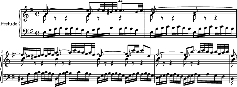 
\ version "2.18.2" \ header {tagline = ## f} superior = \ relativa c '' {\ clave de sol \ clave e \ menor \ tiempo 4/4 \ tempo 4 = 63 \ set Staff.midiInstrument = # " clavecín "%% PRÉLUDE CBT I-10, BWV 855, mi mineur << {e2 ~ e8 fis32 e dis e e8. \ prall dis32 e |  fis1 ~ |  fis16 e dis e fis eg fis a4 ~ a32 cba g16 a32 fis g2 ~ g8 c16 b c8 e, fis2 ~ fis8 b ~ b32 [[cba] b [gab]] e, 8 ~} \\ {\ repetir despliegue 2 { g, 8 r8 r4} \ repetir desplegar 3 {a8 r8 r4} b8 r8 r4 \ repetir desplegar 2 {b8 r8 r4} a8 r8 r4 b8 r8 r4 g8} \\ {\ repetir desplegar 2 {b8 s8 s4} \ repetir desplegar 3 {c8 s8 s4} fis8 s8 s4 \ repetir despliegue 2 {e8 s8 s4} c8 s8 s4 d8 s8 s4 b8} >>} inferior = \ relativo c {\ clave de bajo \ clave e \ menor \ tiempo 4/4 \ set Staff.midiInstrument = # "clavicémbalo" \ repetir desplegar 2 {e16 gababag} \ repetir desplegar 2 {e16 abcbcba} \ repetir desplegar 2 {dis, 16 a 'bcbcba} \ repetir desplegar 2 {e16 gababag} e16 fis gagag fis d fis gagag fis d16} \ score {\ new PianoStaff << \ set PianoStaff.instrumentName = # "Prelude" \ new Staff = "upper" \ upper \ new Staff = "lower" \ lower >> \ layout {\ context {\ Score \ remove "Metronome_mark_engraver" \ override SpacingSpanner.common-shortest-duration = # (ly: make-moment 1/3)}} \ midi {}}
