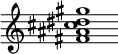 {
  % Rivin lopun pystyviiva ja tahtiosoitus piiloon.
  \override Score.BarLine.break-visibility = ##(#f #t #t)
  \override Staff.TimeSignature #'stencil = ##f
  
  <fis' ais' cis'' dis'' gis''>1
}
