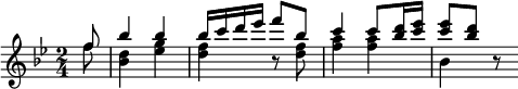 
\language "italiano"
\score {
      \relative do'' {
          \time 2/4
          \key sib \major
          << 
             { \partial 8 fa8 | sib4 sib | sib16[ do re mib] fa8[ sib,] | do4 do8[ <re sib>16 <mib do>] | <mib do>8[ <re sib>] si,8\rest } 
             \\ 
             { \partial 8 fa'8 | <re sib>4 <sol mib> | <fa re> si,8\rest <fa' re> | <la fa>4 <la fa> | sib,4 s8  } 
          >>
      }
  \layout {
    \context { \Staff \RemoveEmptyStaves }
    indent = 0\cm
    line-width = #120
    \override Score.BarNumber #'stencil = ##f
  }
  \midi { }
}
\header { tagline = ##f}
