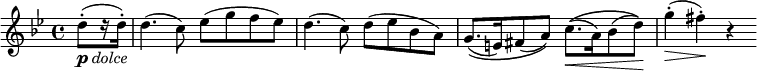 \relative c'' {\time 4/4\key g \minor\partial 4 d8-.[(_\markup{\dynamic "p" \italic "dolce"} r16 d16-.]) | d4.( c8) es( g f es) | d4.( c8) d( es bes a) | g8.[(\( e16) fis8( a])\) c8.[(\(\< a16) bes8( d])\)\! | g4-.(\> fis-.)\! r}