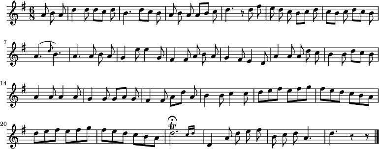 
\relative c'' {
  \override Rest #'style = #'classical
  \key g \major
  \time 6/8
  \partial 4.
  \autoBeamOff
  a8 b a
  \autoBeamOn
  \set Timing.beatStructure = #'(2 1 2 1)
  d4 d8 d c d
  b4. d8 c b
  \set Timing.beatStructure = #'(1 1 1 2 1)
  a b a a b c
  d4. r8 d fis

  e d c b c d
  \set Timing.beatStructure = #'(2 1 2 1)
  c b c d c b
  a4.( \grace d8 b4.)
  \autoBeamOff
  a4. a8 b a
  g4 e'8 e4 g,8
  fis4 fis8 a b a

  g4 fis8 e4 d8
  a'4 a8 a d c
  \autoBeamOn
  b4 b8 d c b
  a4 a8 a4 a8
  g4 g8 g a g
  fis4 fis8 a d a
  b4 b8 c4 c8

  \set Timing.beatStructure = #'(3 3)
  d e fis e fis g
  fis e d c b a
  d e fis e fis g
  fis e d c b a
  \afterGrace d2.\trill\fermata { c16[ d] }
  \autoBeamOff
  d,4 a'8 d e fis
  b,c d a4.
  d r4 r8
  \bar "|."
}
