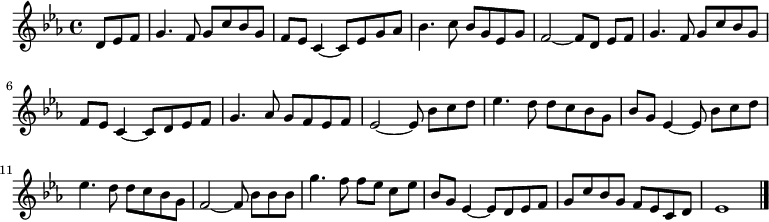 \new Staff \relative d'{ \clef "treble" \key es \major \time 4/4 \partial 4. d8 [ es8 f8 ] |  % 1 g4.  f8 g8 [ c8 be8 g8 ] |  % 2 f8 [ es8 ] c4 ~ c8 [ es8 g8 as8 ] |  % 3 be4.  c8 bes8 [ g8 es8 g8 ] |  % 4 f2 ~ f8 d8 es8 [ f8 ] |  % 5 g4.  f8 g8 [ c8 bes8 g8 ] \break |  % 6 f8 [ es8 ] c4 ~ c8 [ d8 es8 f8 ] |  % 7 g4.  as8 g8 [ f8 es8 f8 ] |  % 8 es2 ~ es8 bes'8 [ c8 d8 ] |  % 9 es4.  d8 d8 [ c8 bes8 g8 ] |  \barNumberCheck #10 bes8 [ g8 ] es4 ~ es8 bes'8 [ c8 d8 ] \break |  % 11 es4.  d8 d8 [ c8 bes8 g8 ] |  % 12 f2~f8 bes8 [ bes8 bes8 ] |  % 13 g'4.  f8 f8 [ es8 ] c8 [ es8 ] |  % 14 bes8 [ g8 ] es4 ~ es8 [ d8 es8 f8 ] |  % 15 g8 [ c8 bes8 g8 ] f8 [ es8 c8 d8 ] |  % 160 es1 \bar "|."  }