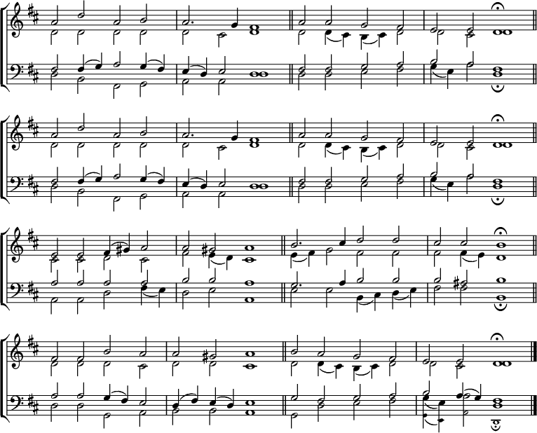 
\new ChoirStaff <<
  \new Staff { \clef treble \time 4/2 \key d \major \set Staff.midiInstrument = "church organ" \omit Staff.TimeSignature \set Score.tempoHideNote = ##t \override Score.BarNumber  #'transparent = ##t 
  \relative c''
  << { a2 d a b | a2. g4 fis1 \bar"||" a2 a g fis | e e d1\fermata \bar"||" \break
       a'2 d a b | a2. g4 fis1 \bar"||" a2 a g fis | e e d1\fermata \bar"||" \break
       e2 e fis4( gis) a2 | a gis a1 \bar"||" b2. cis4 d2 d | cis cis b1 \fermata \bar"||" \break
       fis2 fis b a | a gis a1 \bar"||" b2 a g fis | e e d1 \fermata \break
       \bar"|." } \\
  { d2 d d d | d cis d1 | d2 d4( cis) b( cis) d2 | d cis d1
    d2 d d d | d cis d1 | d2 d4( cis) b( cis) d2 | d cis d1
    cis2  cis d cis | fis e4( d) cis1 | e4( fis) g2 fis fis | fis fis4( e) d1
    d2 d d cis | d d cis1 | d2 d4( cis) b( cis) d2 | d cis d1 } >>
  } 
\new Staff { \clef bass \key d \major \set Staff.midiInstrument = "church organ" \omit Staff.TimeSignature  
  \relative c
  << { fis2 fis4( g) a2 g4( fis) | e( d) e2 d1 | fis2 fis g a | b a fis1
       fis2 fis4( g) a2 g4( fis) | e( d) e2 d1 | fis2 fis g a | b a fis1
       a2 a a a | b b a1 | g2. a4 b2 b | b ais b1 
       a2 a g4( fis) e2 | d4( fis) e( d) e1 | g2 fis g a | b a4( g) fis1 } \\
  { d2 b fis g | a a d1 | d2 d e fis | g4( e) a2 d,1 \fermata
    d2 b fis g | a a d1 | d2 d e fis | g4( e) a2 d,1 \fermata
    a2 a d fis4( e) | d2 e a,1 | e'2 e b4( cis) d( e) | fis2 fis b,1 \fermata
    d2 d g, a | b b a1 | g2 d' e fis | g4( e) a2 d,1 } \\
        \teeny \stemDown \shiftOff { s1 s | s s | s s | s s
         s s | s s | s s | s s 
         s s | s s | s s | s s
         s s | s s | s s | g,4_( e) a2 d,1 _\fermata } >>
  } 
>>
\layout { indent = #0 }
\midi { \tempo 2 = 66 }
