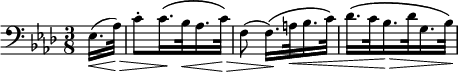 
\language "italiano"
melody = \relative do {
  \clef bass
  \key lab \major
  \time 3/8
    \partial 8 mib16.(\< lab32)\!\> | do8-. do16.\(\! sib32\< lab16. do32\)\!\> | 
    \autoBeamOff fa,8( \autoBeamOn fa16.)\(\! la32\< sib16. do32\) | 
    reb16.\( do32 sib16.\!\> reb32 sol,16. sib32\)\! |
}
\score {
  <<
    \new Voice = "mel"
    {  \melody }
  >>
  \layout {
    \context { \Staff \RemoveEmptyStaves }
    indent = 0.5\cm
    \override Score.BarNumber #'stencil = ##f
    line-width = #120
    \set fontSize = #-1
  }
}
\header { tagline = ##f}